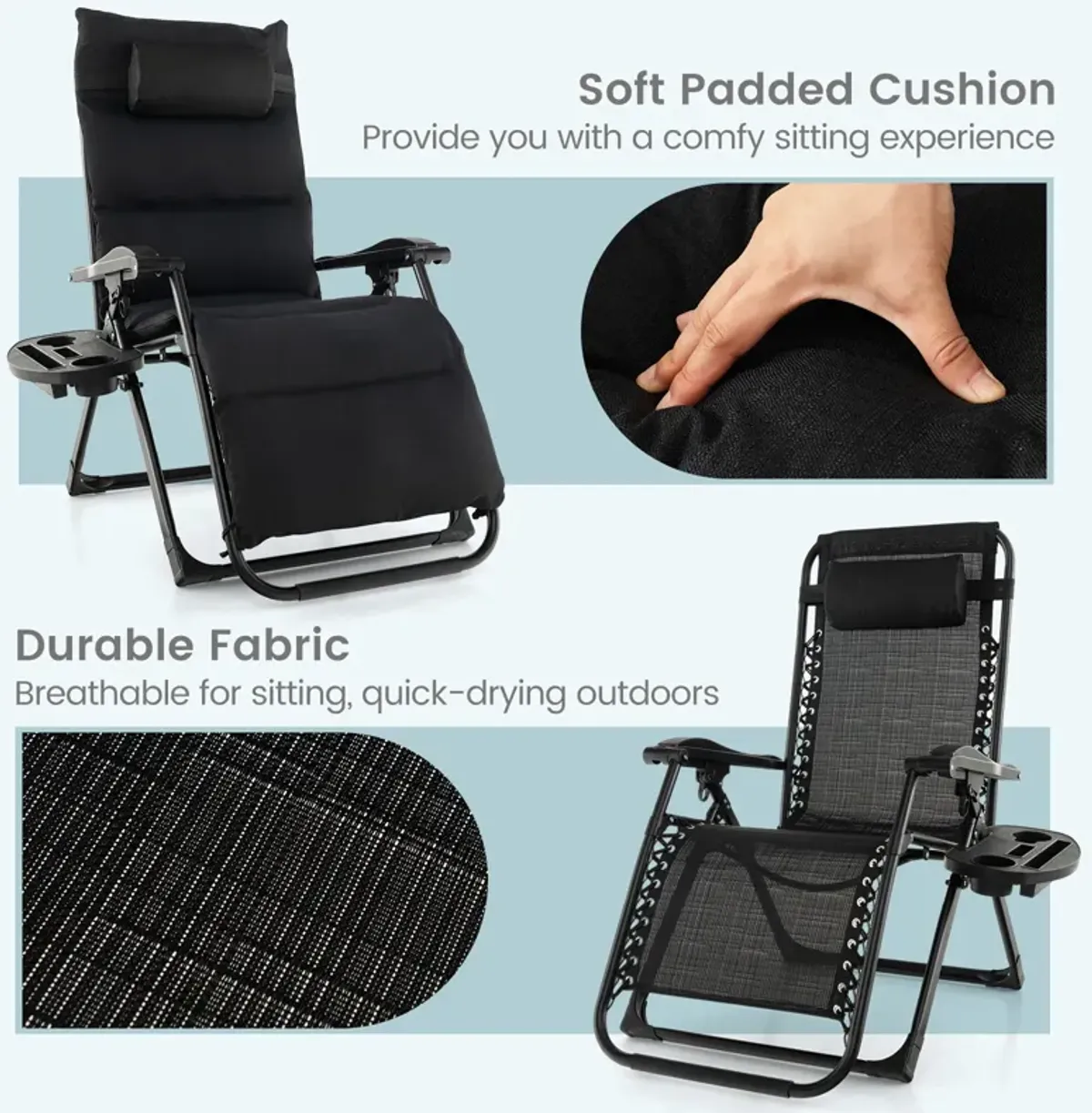 Adjustable Metal Zero Gravity Lounge Chair with Removable Cushion and Cup Holder Tray