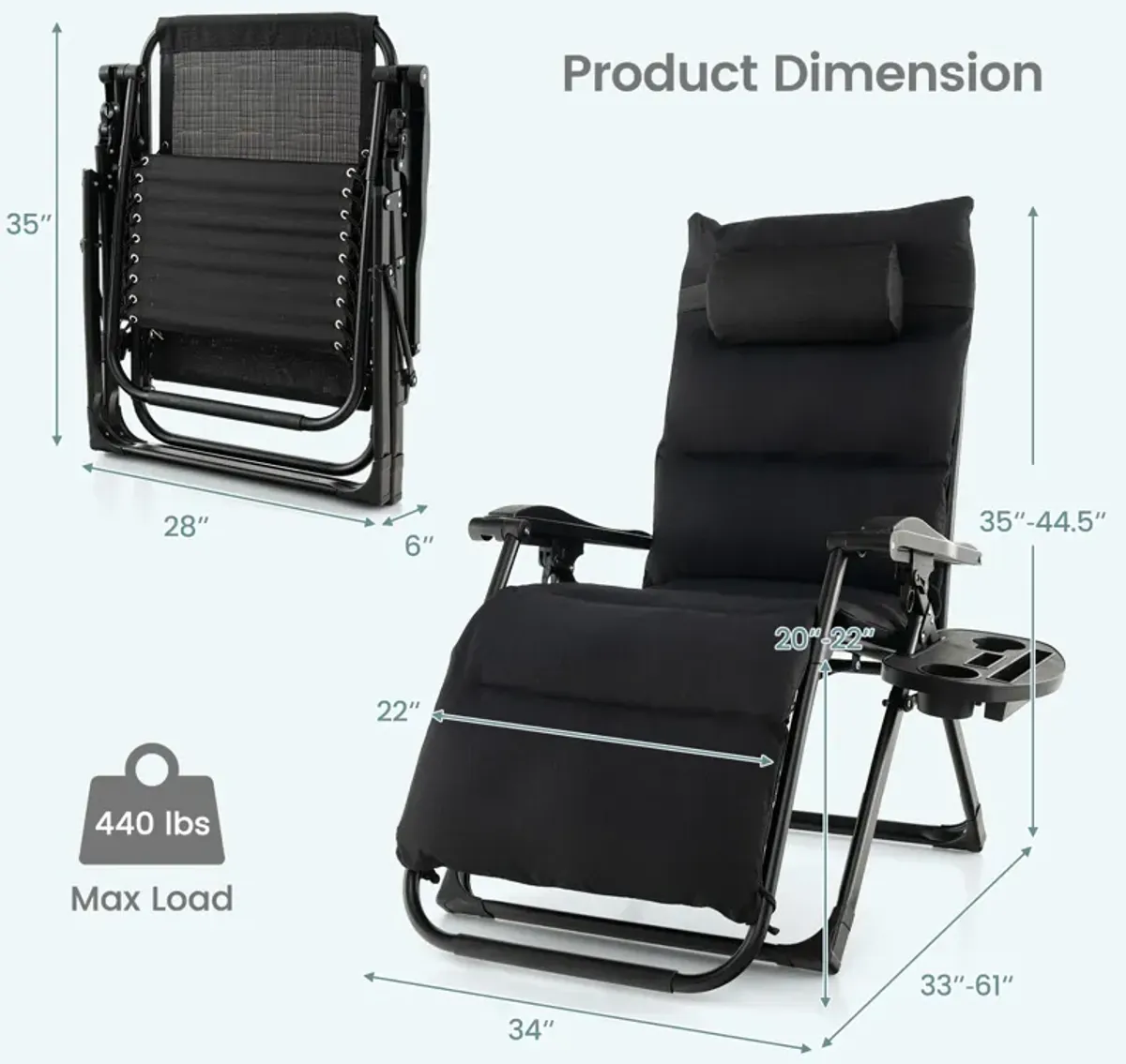 Adjustable Metal Zero Gravity Lounge Chair with Removable Cushion and Cup Holder Tray