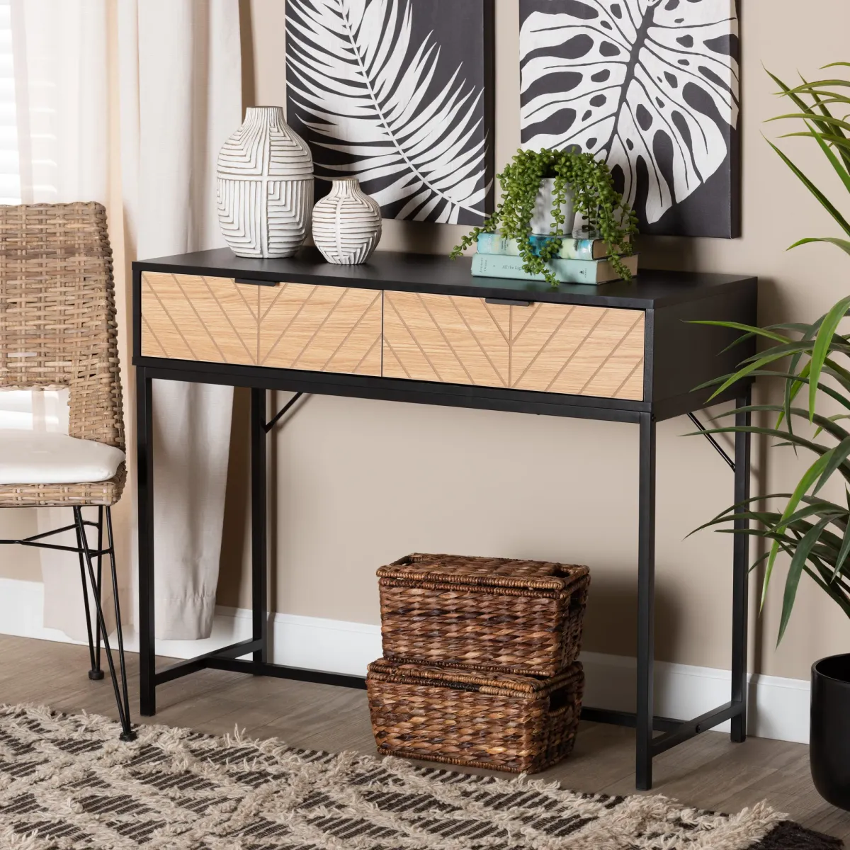 Baxton Studio Jacinth Two Tone Black And Natural Brown Finished Wood 2 Drawer Console Table