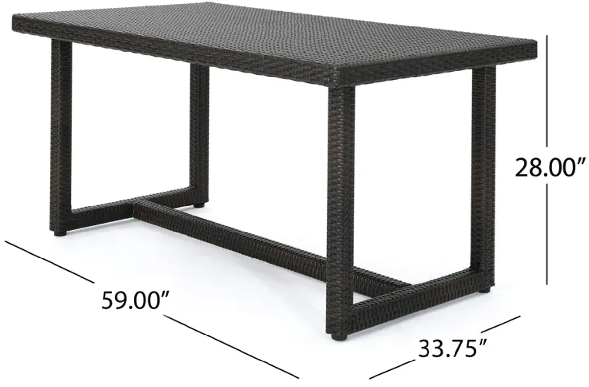 Sanie Outdoor Dining Table, 59 Inch Top, Iron Frame, Brown Resin Wicker