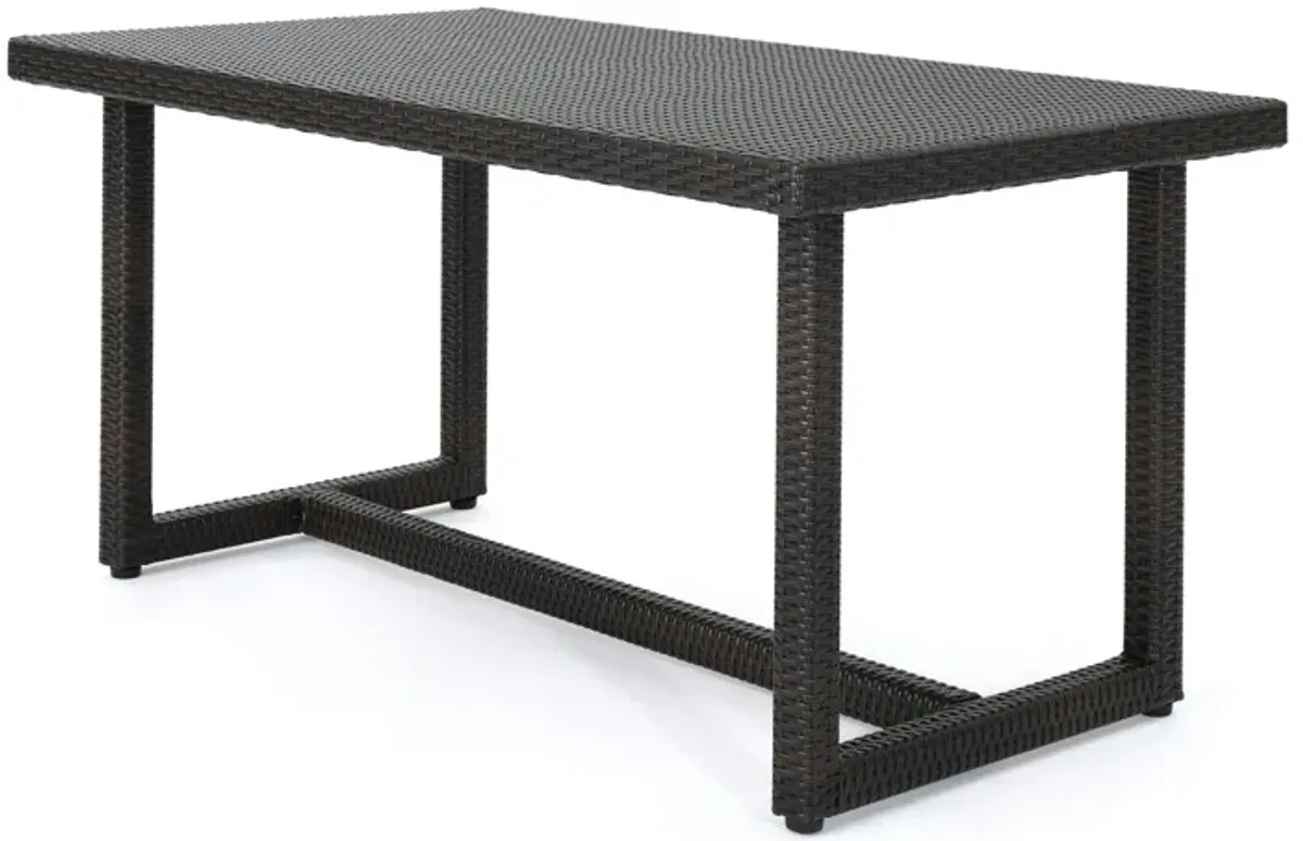 Sanie Outdoor Dining Table, 59 Inch Top, Iron Frame, Brown Resin Wicker