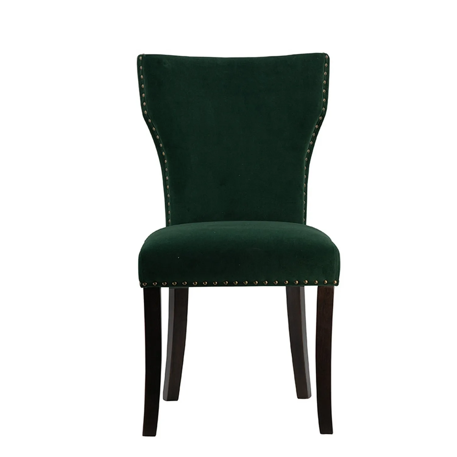 Devi 25 Inch Curved Dining Chair, Green Velvet Upholstery, Nailhead Trim - Benzara