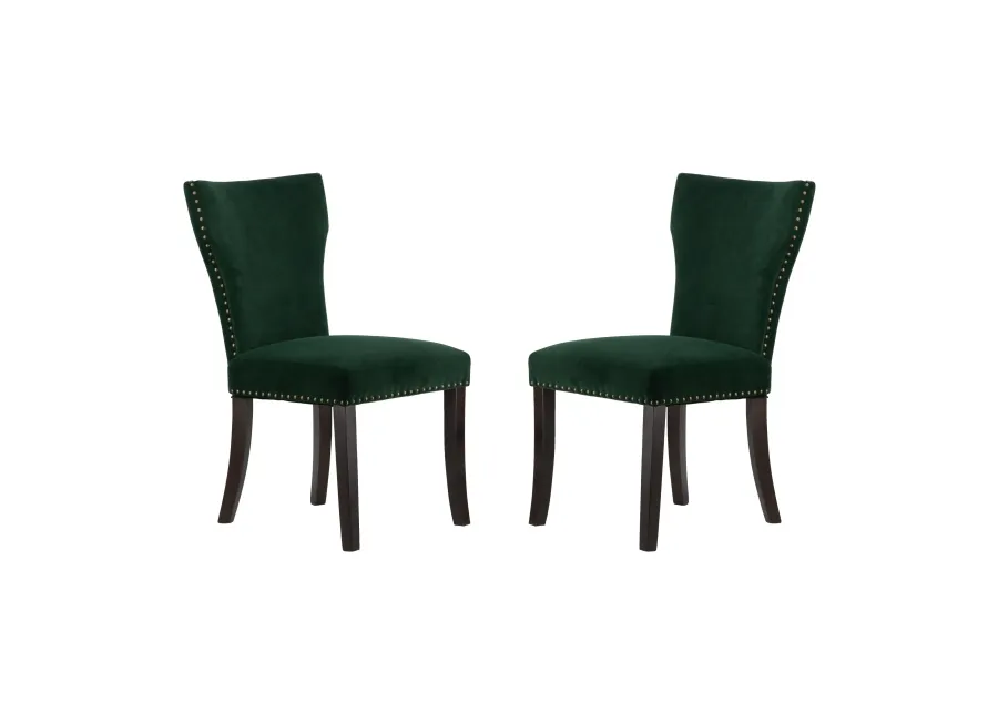 Devi 25 Inch Curved Dining Chair, Green Velvet Upholstery, Nailhead Trim - Benzara