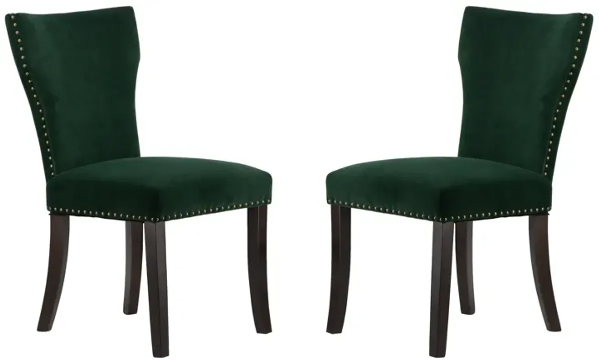 Devi 25 Inch Curved Dining Chair, Green Velvet Upholstery, Nailhead Trim - Benzara