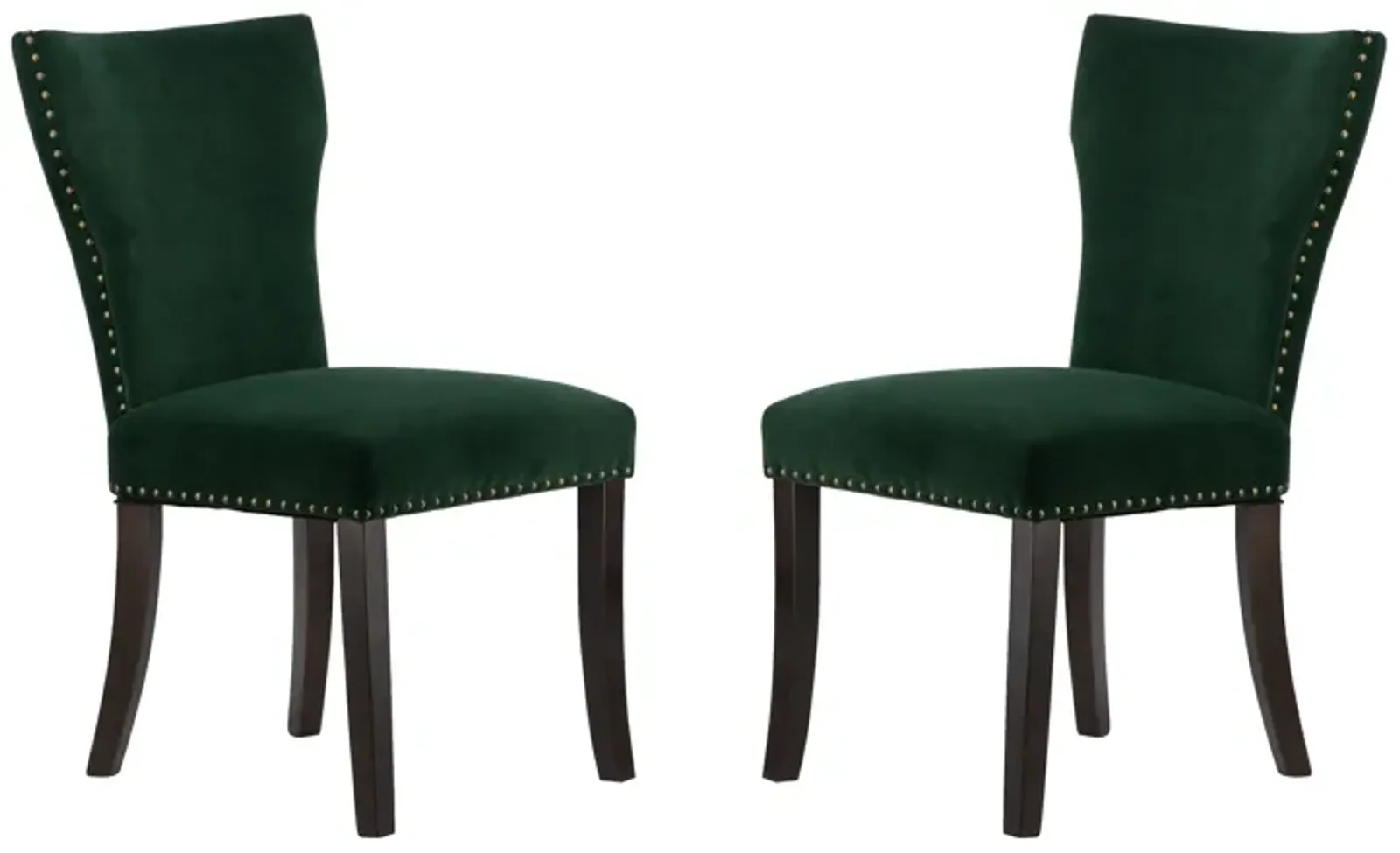 Devi 25 Inch Curved Dining Chair, Green Velvet Upholstery, Nailhead Trim - Benzara