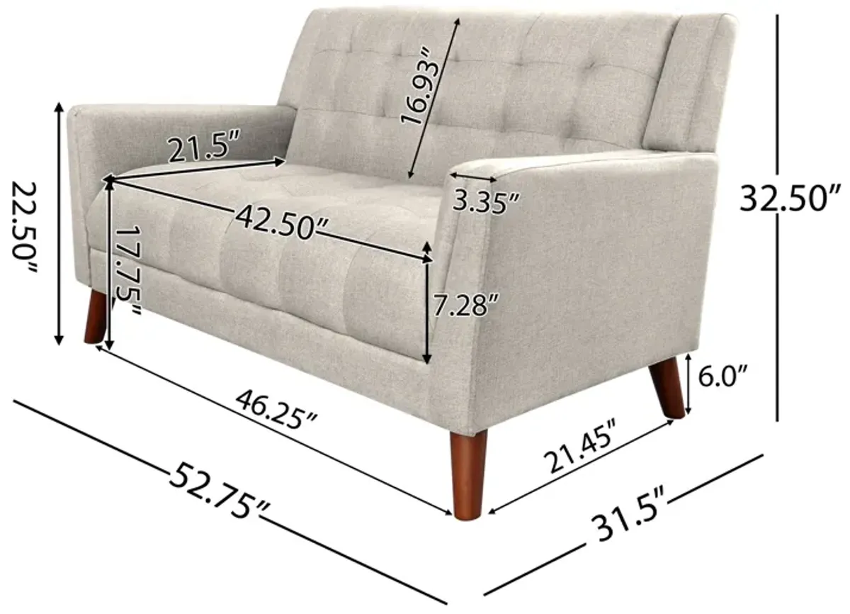 Loveseat Settee, 53 Inch, Tufted Waffle Stitch, Solid Wood, Beige Polyester - Benzara