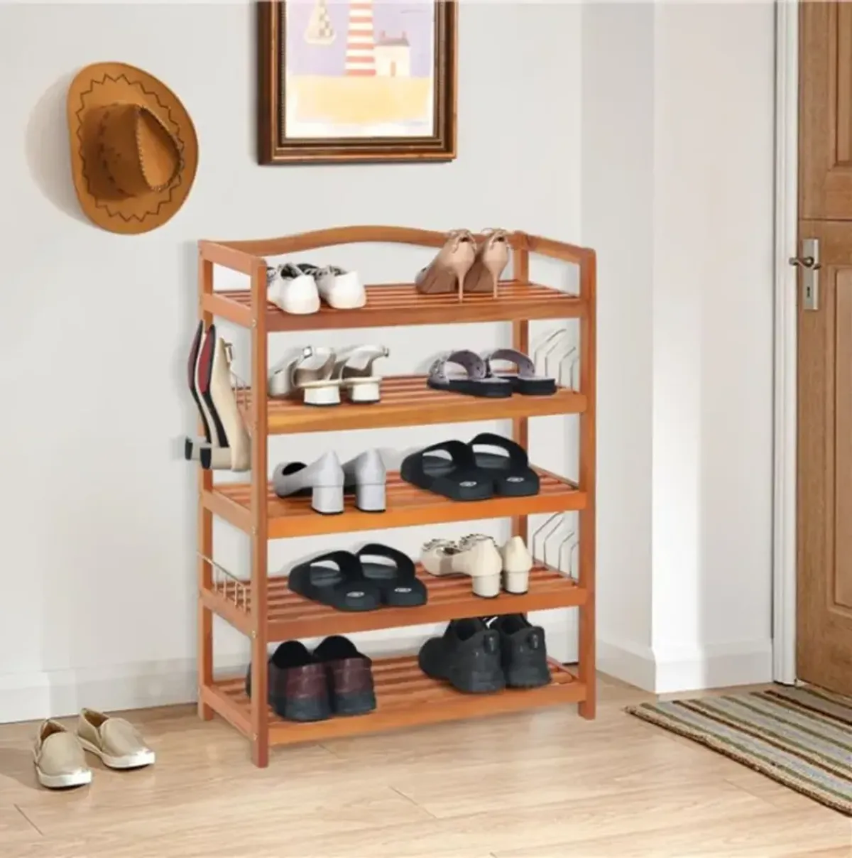 Hivvago Acacia Wood Shoe Rack with Side Metal Hooks