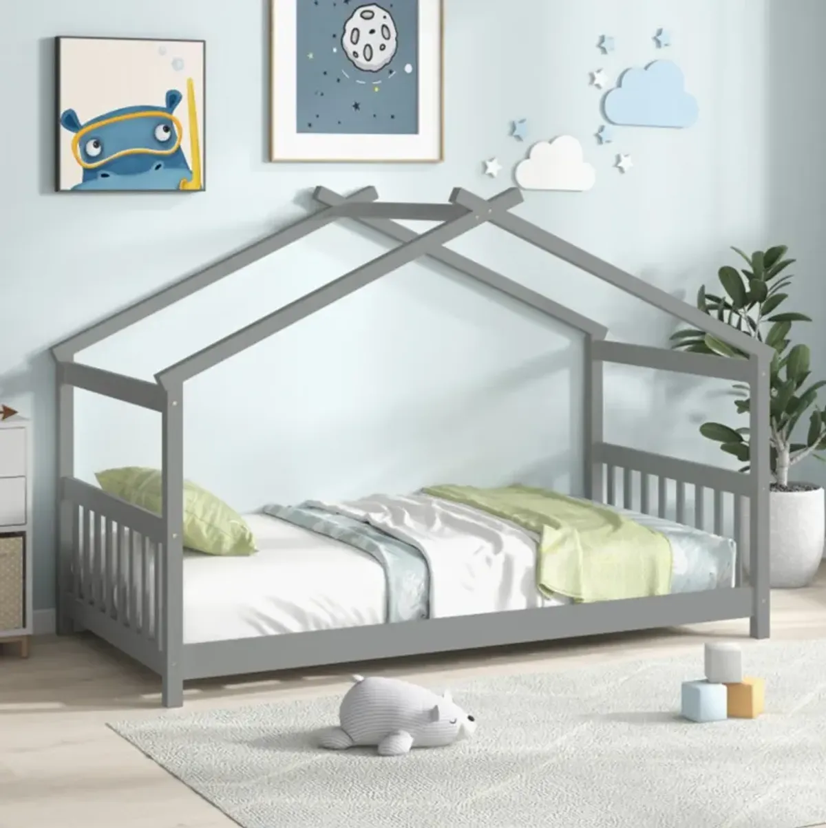 Hivvago Twin Size Wooden House Bed with Roof