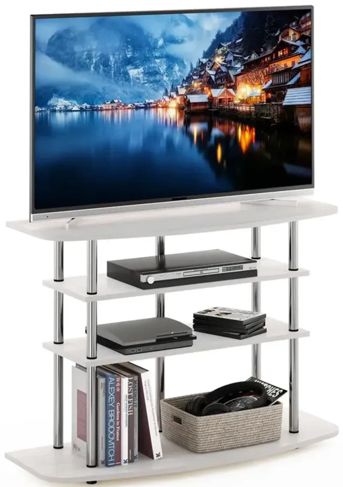 Furinno Frans Turn-N-Tube 4-Tier TV Stand for TV up to 46, White Oak