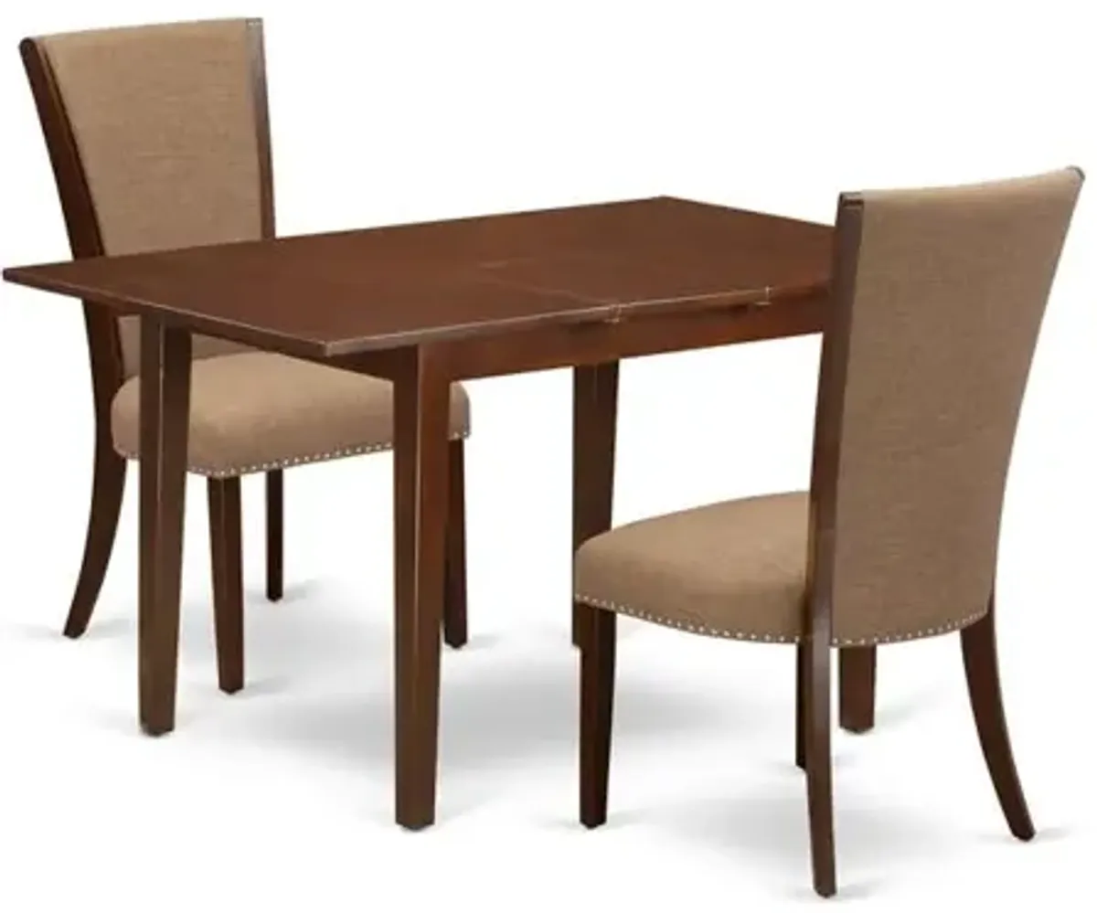 East-West Furniture NFVE3-MAH-47 - A wooden dining table set of 2 great parson chairs with Linen Fabric Light Sable color and a lovely 12" butterfly leaf rectangle dining table with Mahogany Finish
