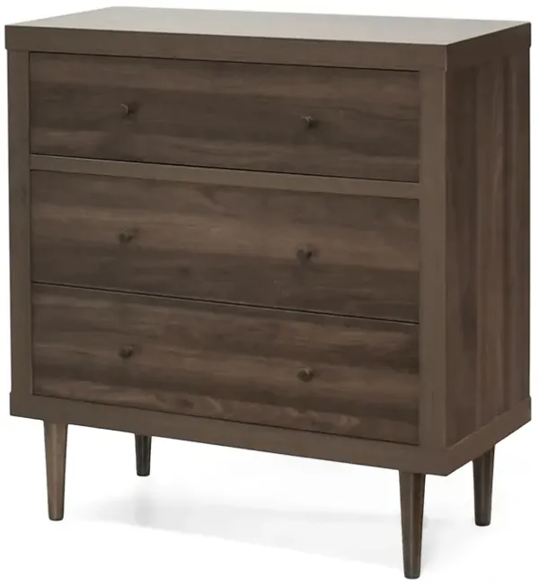 Minie Nightstand with 3 Drawers, Rubberwood Legs, Walnut Brown Wood - Benzara