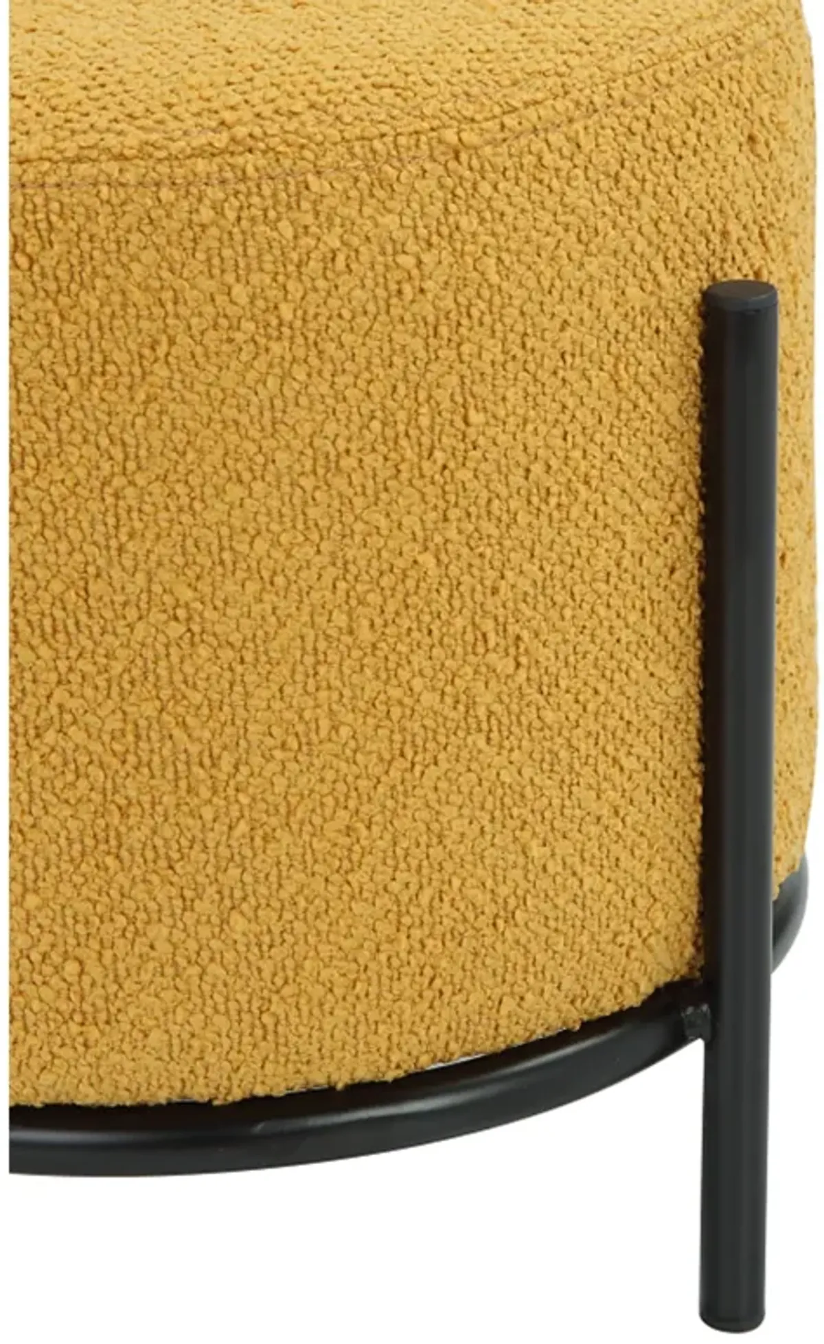 Aop 13 Inch Boucle Ottoman Stool, Round Cushioned Seat Yellow Boucle, Black - Benzara