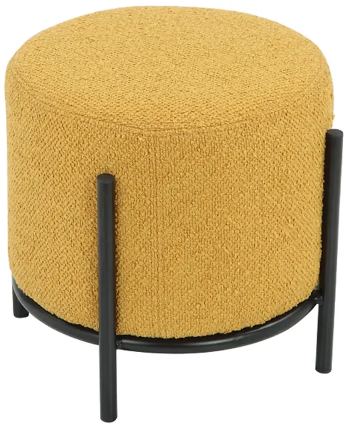 Aop 13 Inch Boucle Ottoman Stool, Round Cushioned Seat Yellow Boucle, Black - Benzara