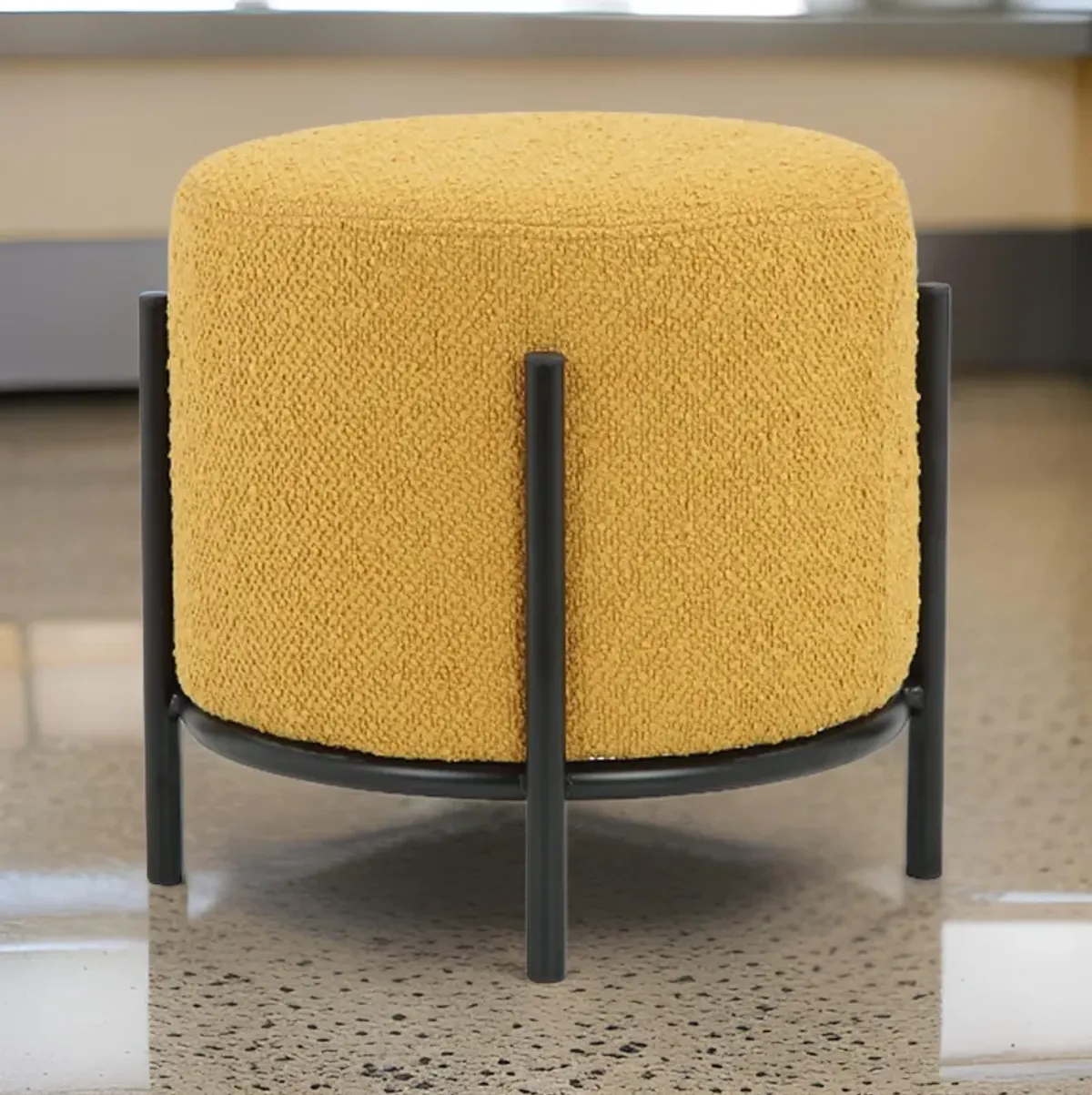 Aop 13 Inch Boucle Ottoman Stool, Round Cushioned Seat Yellow Boucle, Black - Benzara