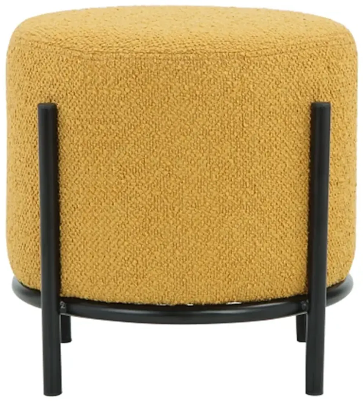 Aop 13 Inch Boucle Ottoman Stool, Round Cushioned Seat Yellow Boucle, Black - Benzara