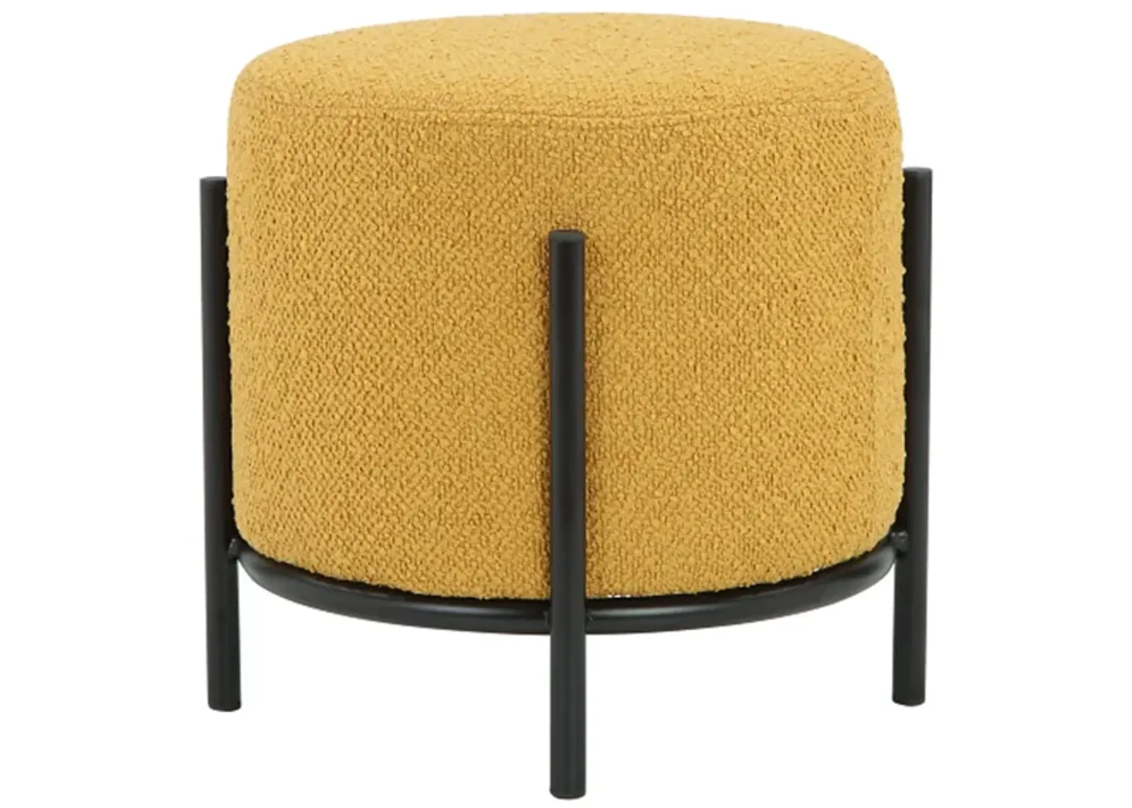 Aop 13 Inch Boucle Ottoman Stool, Round Cushioned Seat Yellow Boucle, Black - Benzara