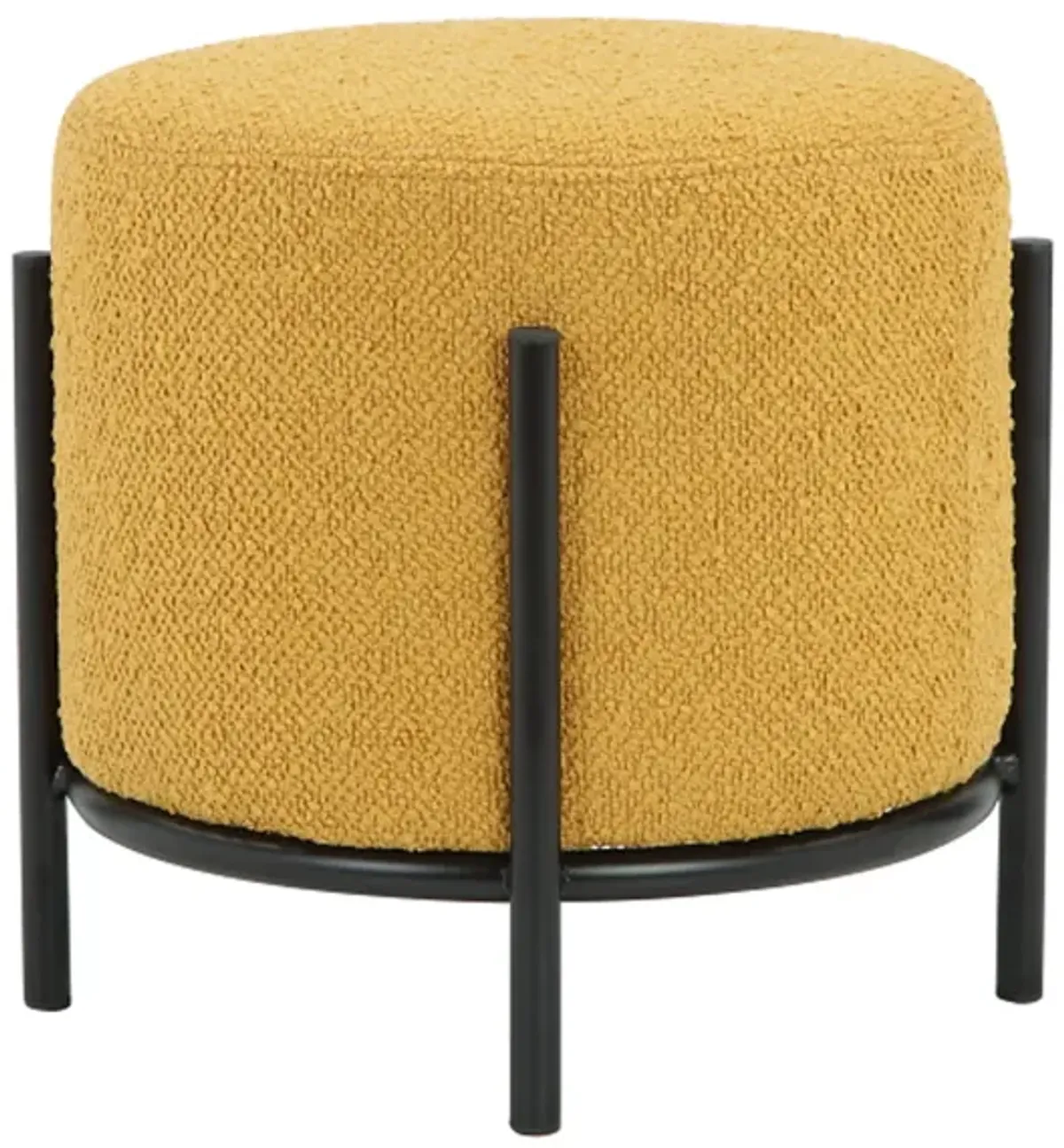 Aop 13 Inch Boucle Ottoman Stool, Round Cushioned Seat Yellow Boucle, Black - Benzara