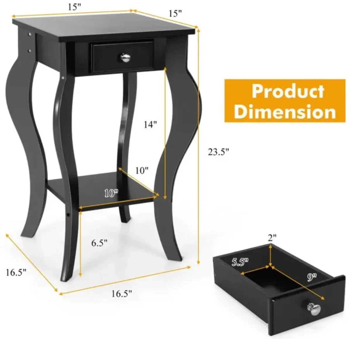 Hivvago 2-Tier End Table with Drawer and Shelf for Living Room Bedroom