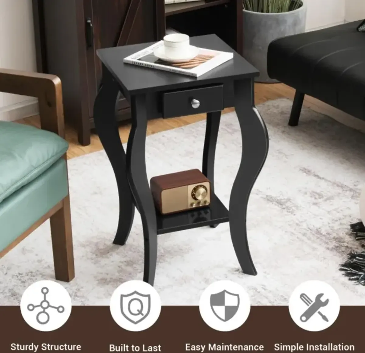 Hivvago 2-Tier End Table with Drawer and Shelf for Living Room Bedroom