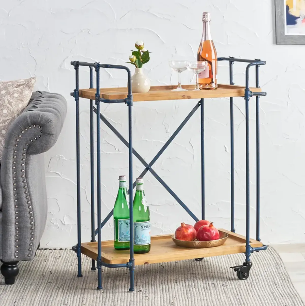 Rustic Firwood Bar Cart with Iron Frame and Rolling Wheels for Home Use