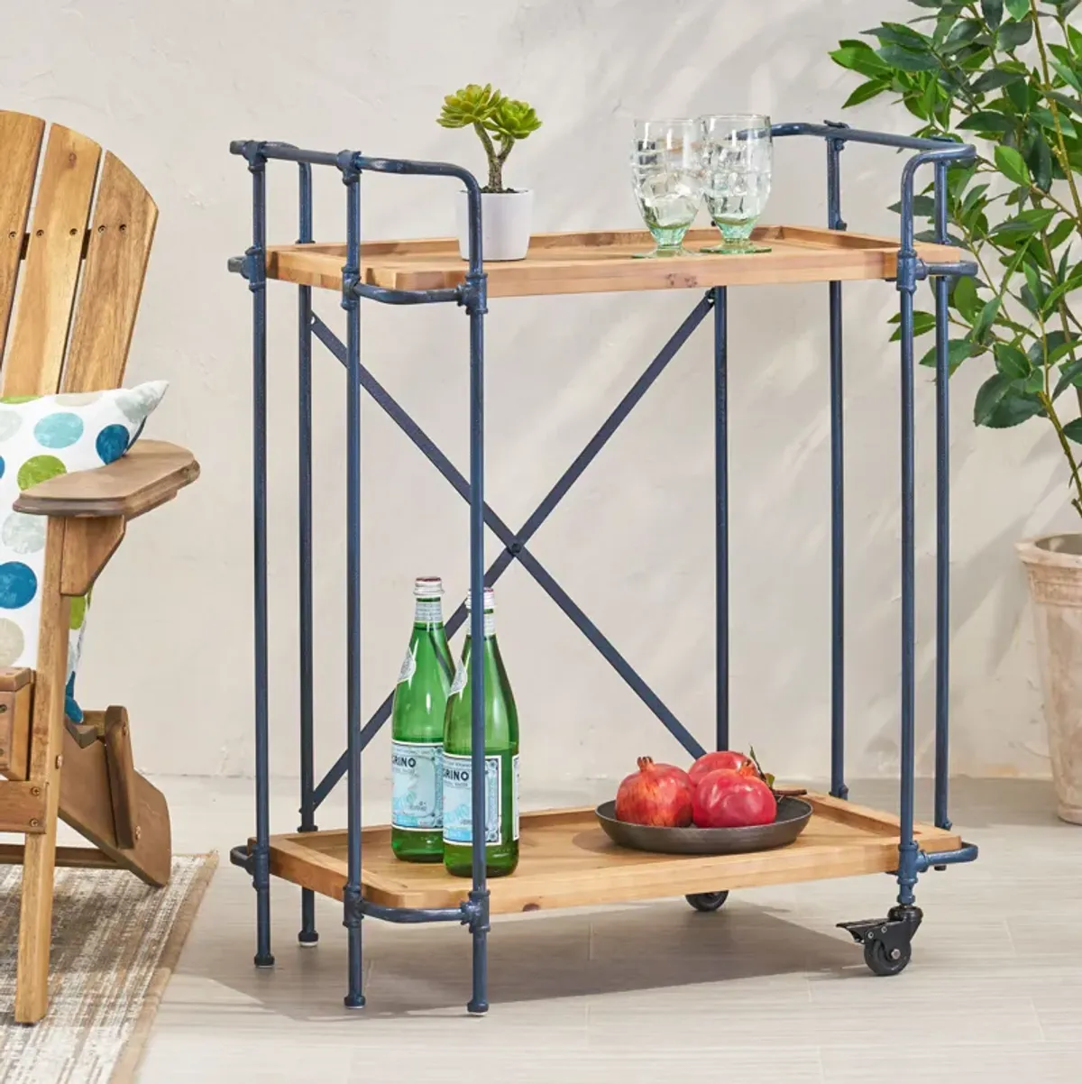 Rustic Firwood Bar Cart with Iron Frame and Rolling Wheels for Home Use