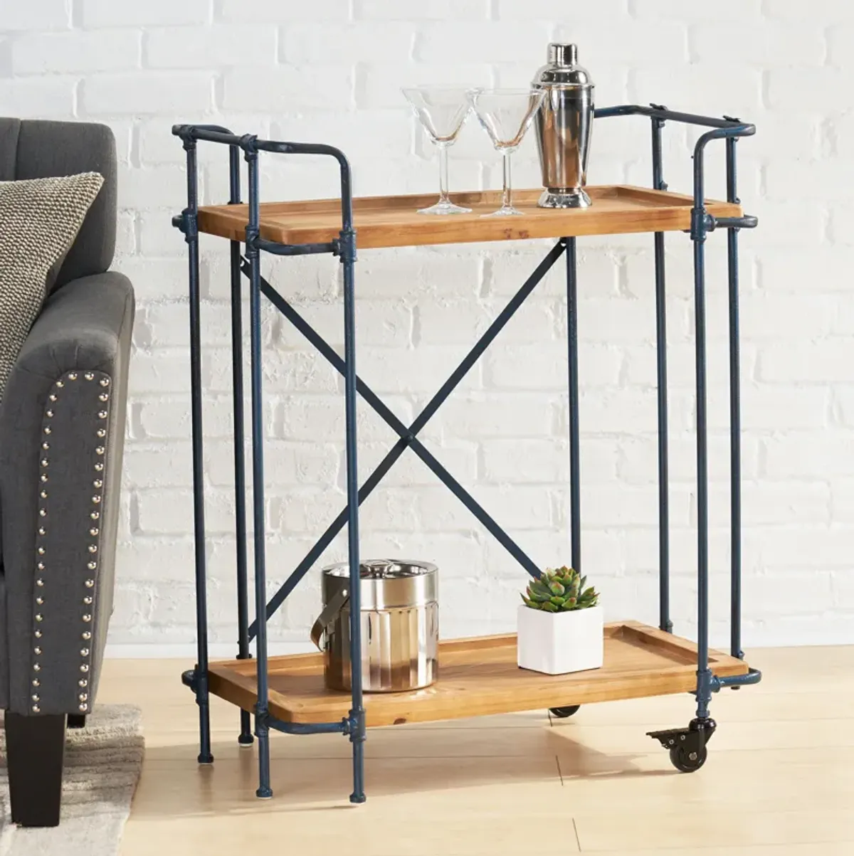 Rustic Firwood Bar Cart with Iron Frame and Rolling Wheels for Home Use