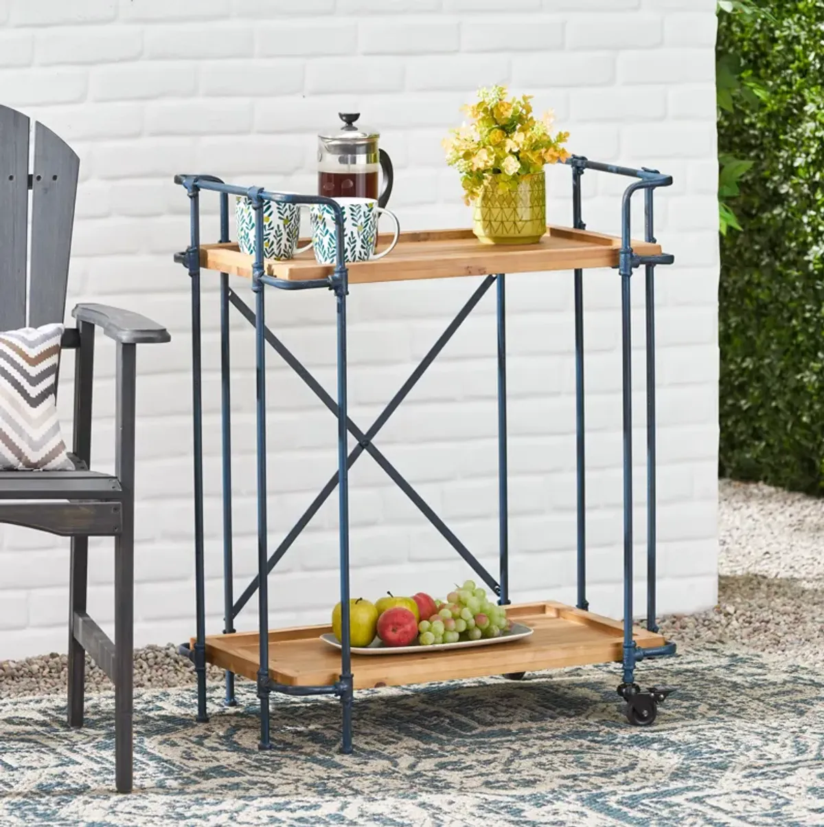 Rustic Firwood Bar Cart with Iron Frame and Rolling Wheels for Home Use