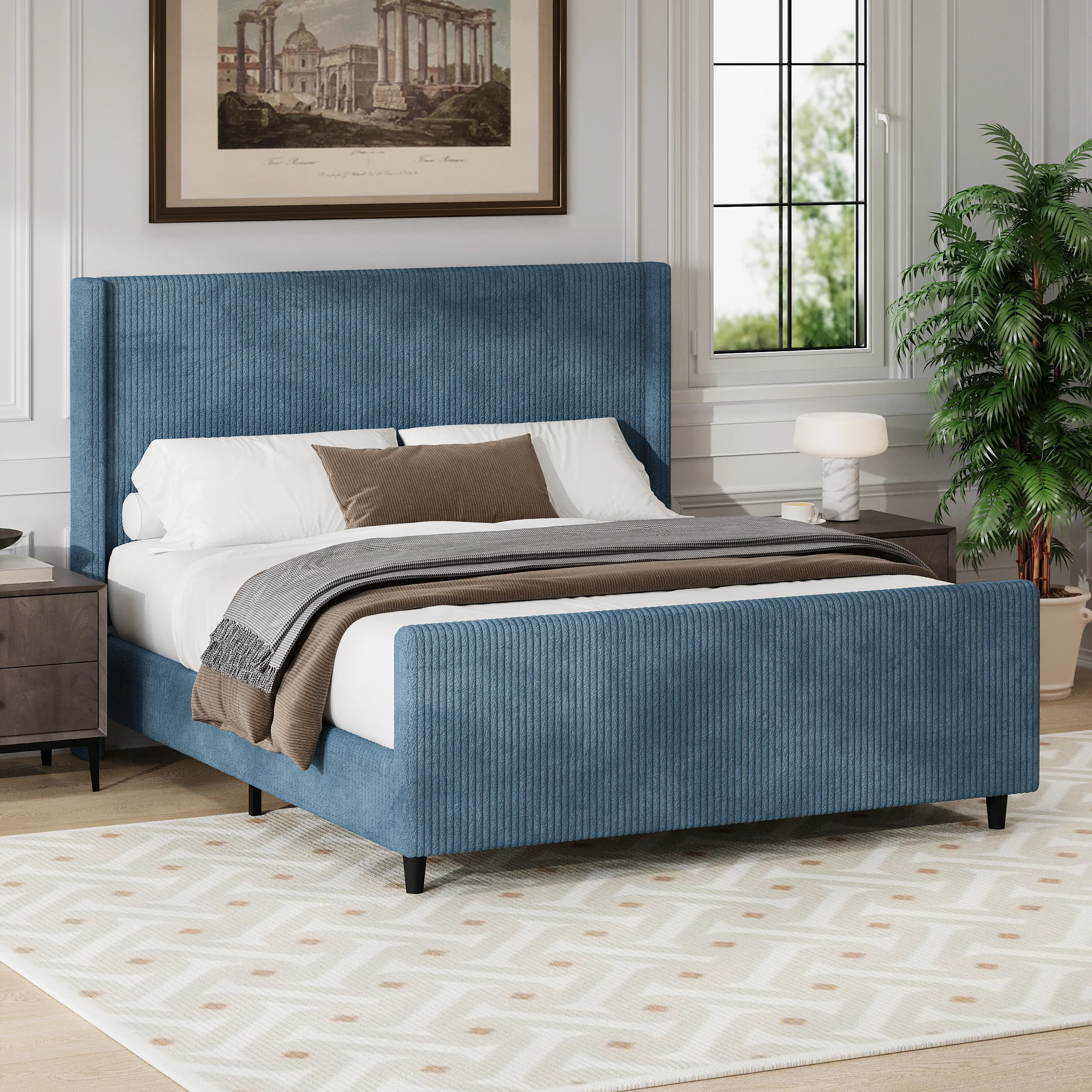 Merax High Headboard Corduroy Platform Bed Bedroom Furniture