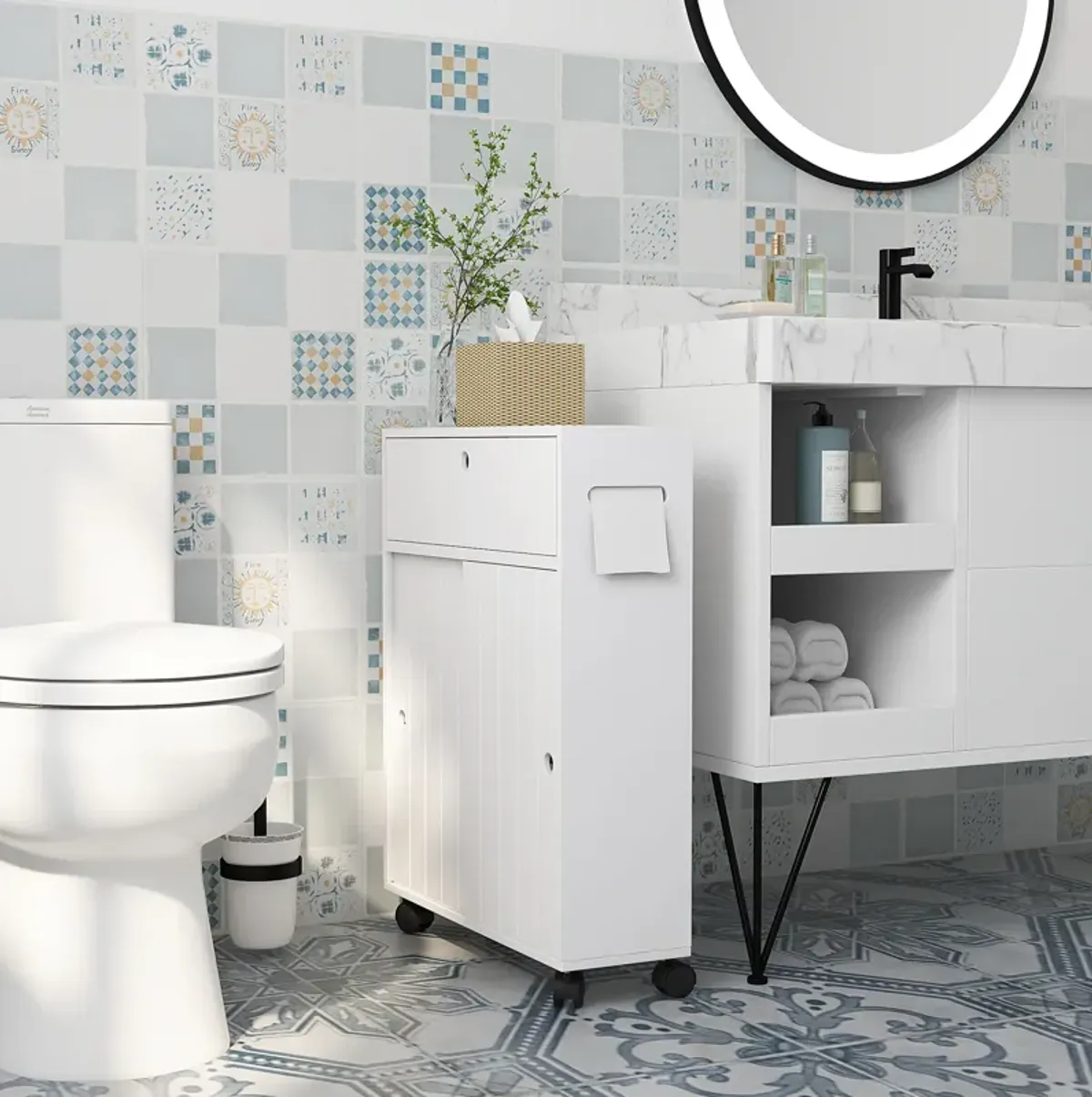 kleankin Bathroom Toilet Paper Cabinet on Wheels with Storage Cabinets