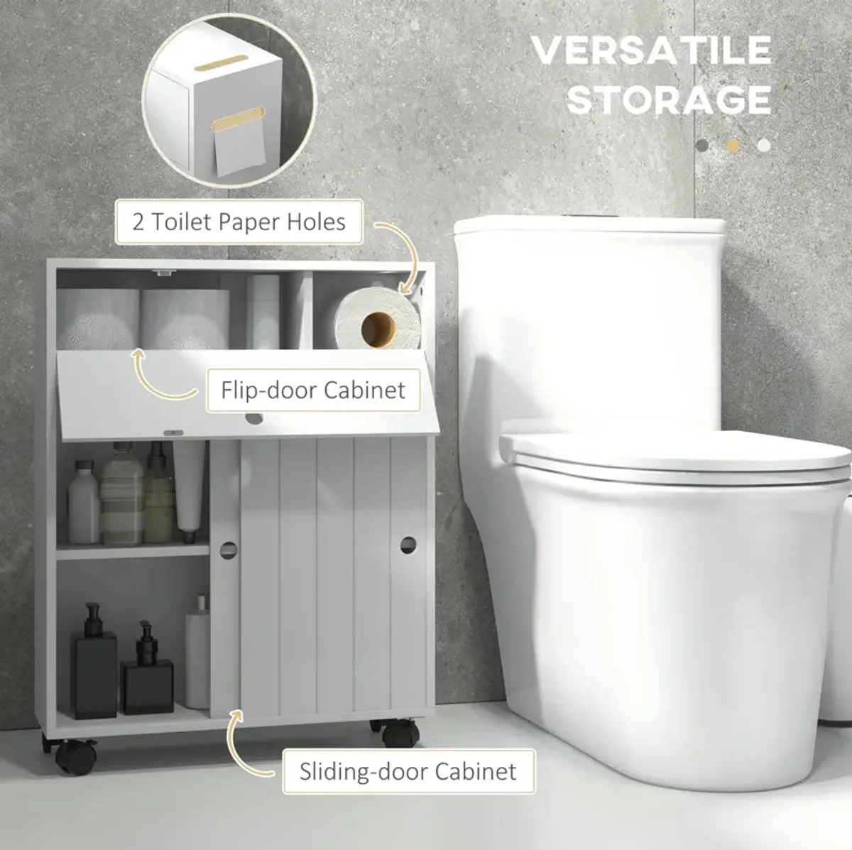 kleankin Bathroom Toilet Paper Cabinet on Wheels with Storage Cabinets