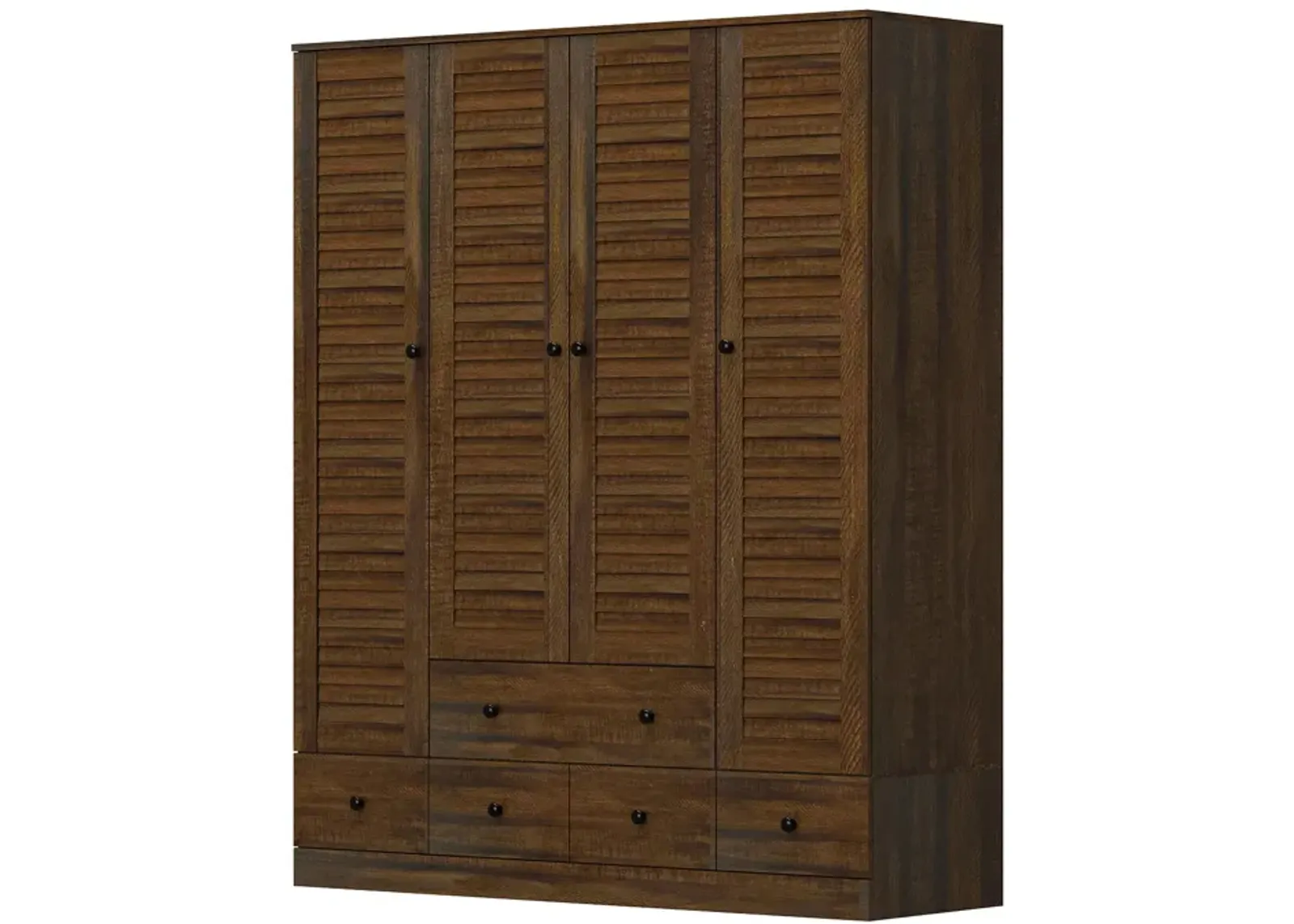 Brown Wood 59 in. W Shutter Doors Armoires Wardwore Farmhouse Style with 5-Drawers, Hanging Rod (70.5 in. H x 19 in. D)