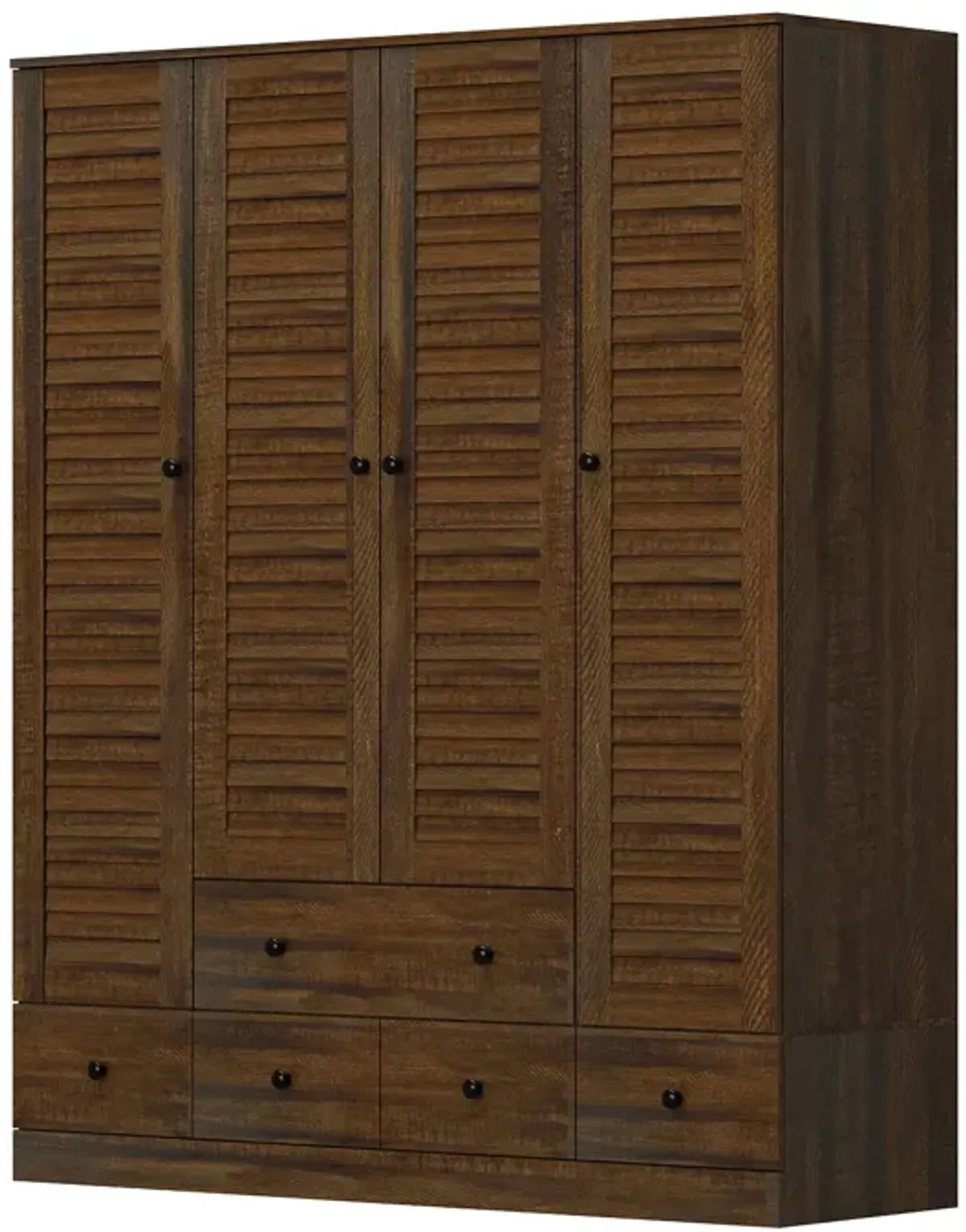 Brown Wood 59 in. W Shutter Doors Armoires Wardwore Farmhouse Style with 5-Drawers, Hanging Rod (70.5 in. H x 19 in. D)