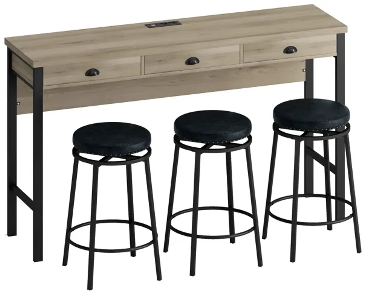 3-Drawer Long Dining Table Set with Power Outlets & Bar Kitchen Set with Circular PU Stools