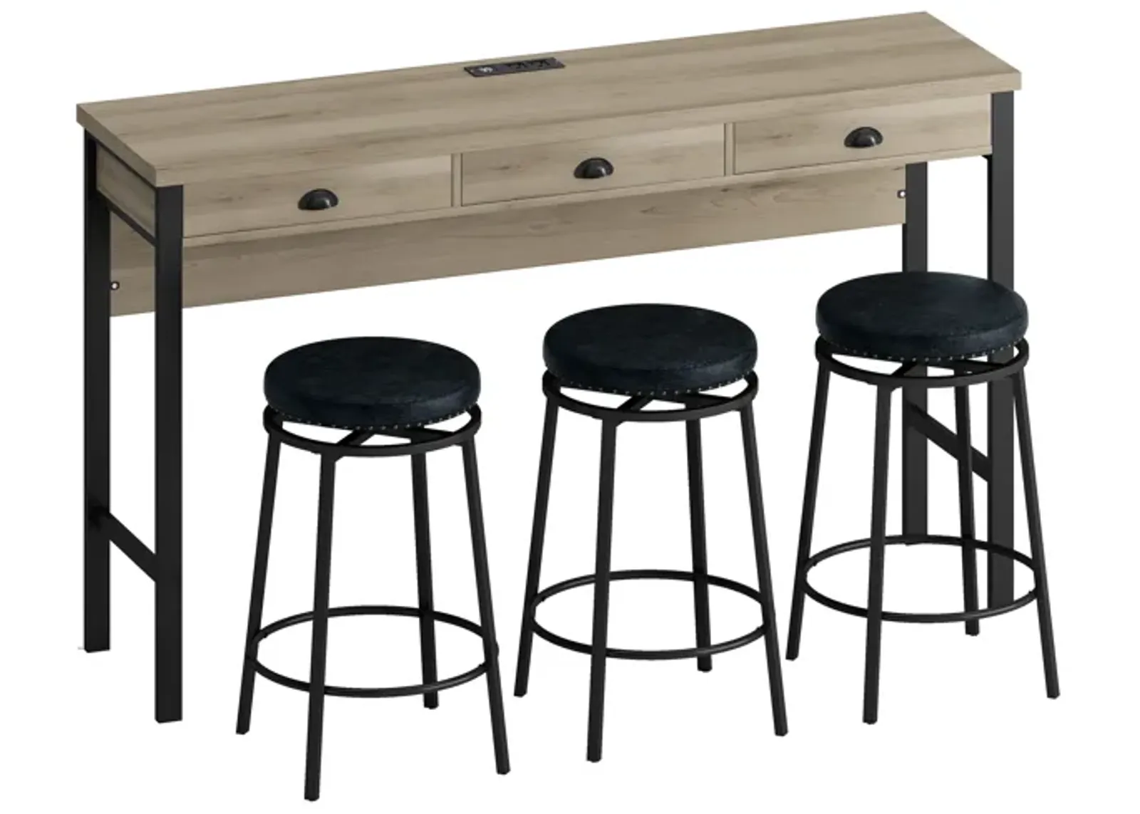 3-Drawer Long Dining Table Set with Power Outlets & Bar Kitchen Set with Circular PU Stools