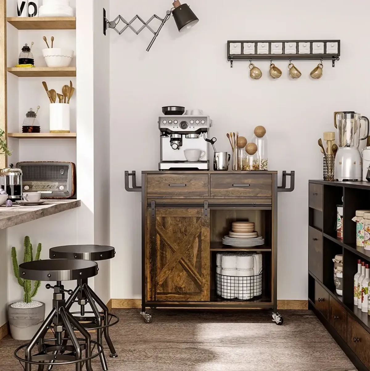 Rustic Kitchen Helper: Rolling Cart with Adjustable Shelf