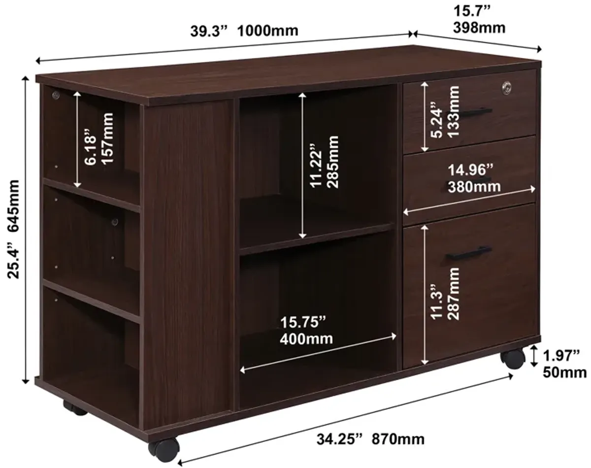 3-Drawer 39in. W Rolling Lateral File Cabinet with Locker and Open Storage Shelves for Home Office and Kids Room