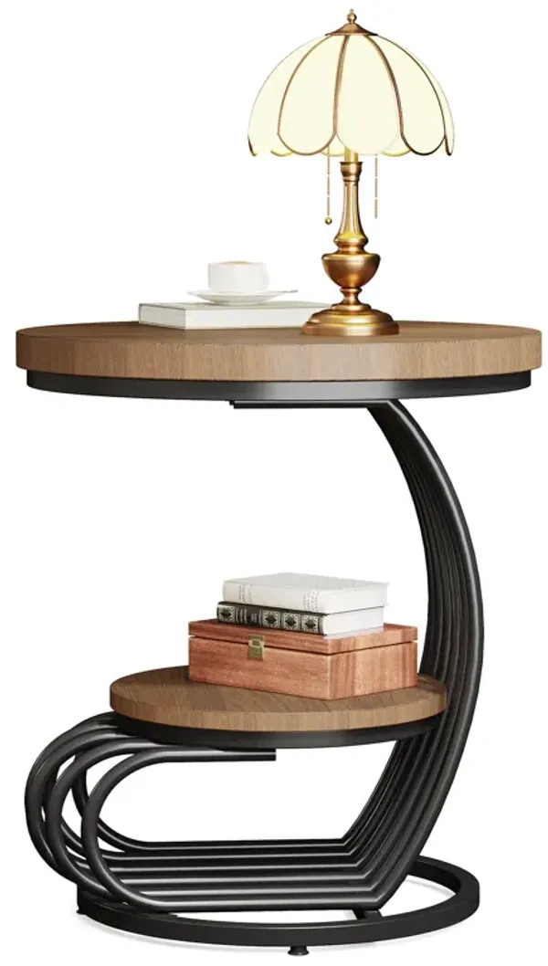 Tribesigns Round End Table, 2-Tier Farmhose Wood Side Table with Shelf Storage, Small Sofa Side Bedside Nightstand, Arc-Shaped Frame Accent Furniture for Living Room, Light Brown