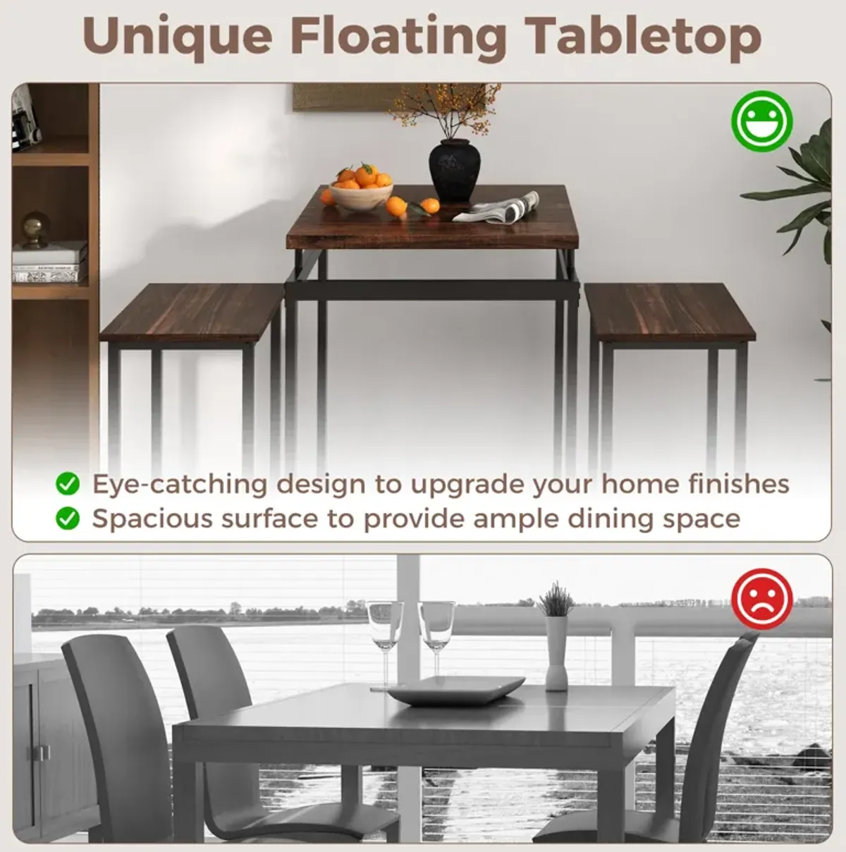 3 Pieces Pub Dining Table Set with Floating Tabletop and Footrest