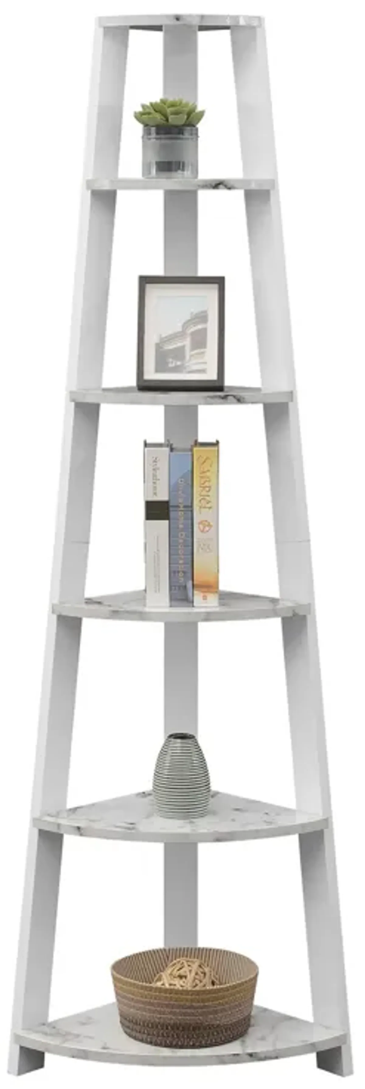 Convenience Concepts Newport 5-Tier Corner Bookshelf, White Faux Marble/White