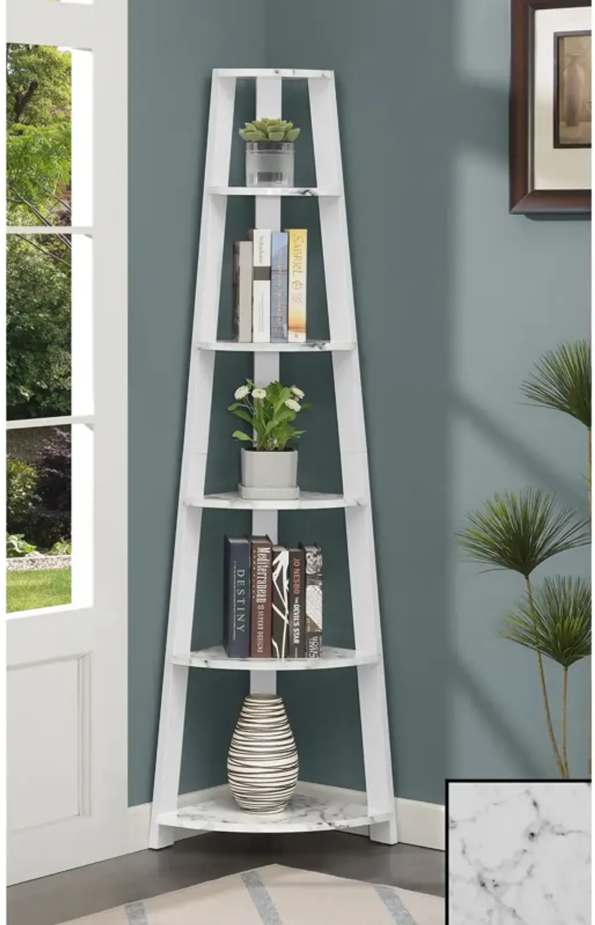 Convenience Concepts Newport 5-Tier Corner Bookshelf, White Faux Marble/White