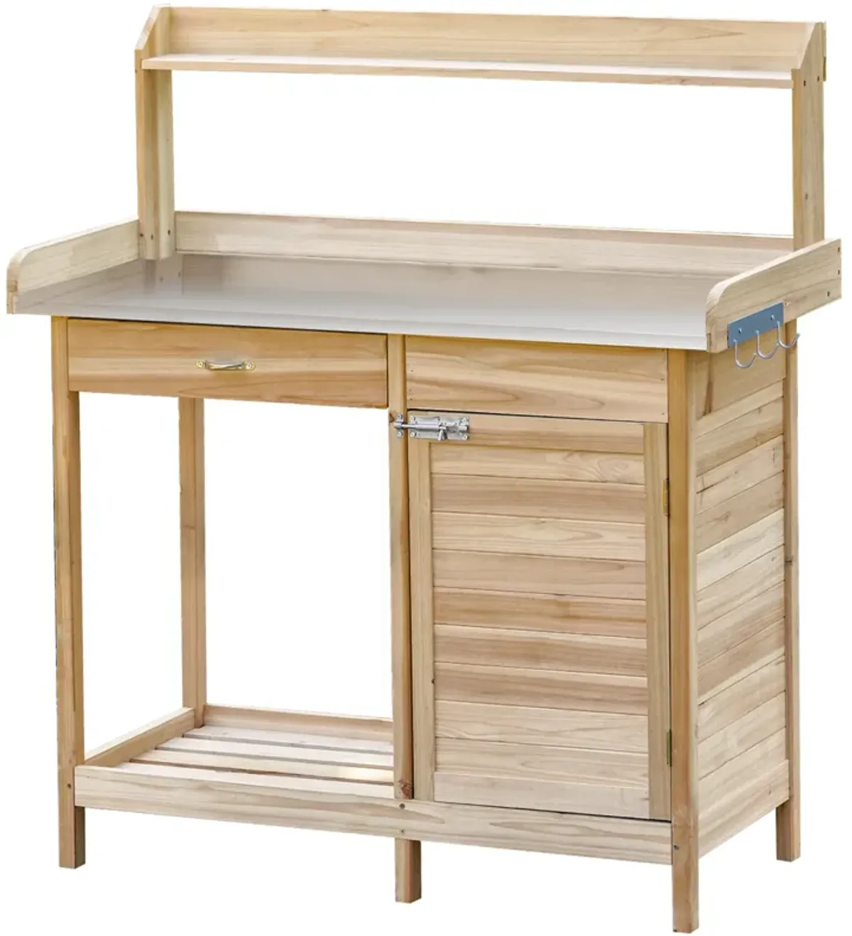Natural Wood Garden Station: Potting Bench with Storage and Steel Top