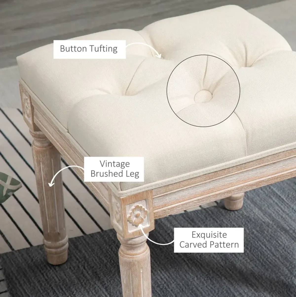 Beige Vintage Seat: 15.75" Tufted Ottoman with Rustic Wood Legs