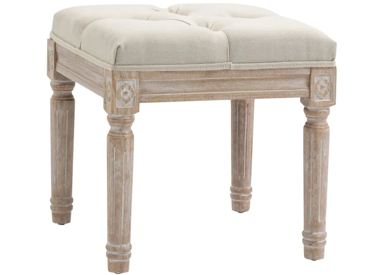 Beige Vintage Seat: 15.75" Tufted Ottoman with Rustic Wood Legs