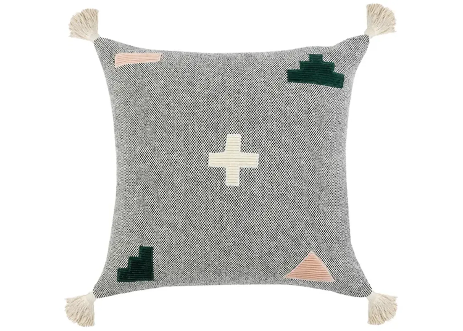 20" Gray and Black Geometric Patchwork Square Throw Pillow with Tassels