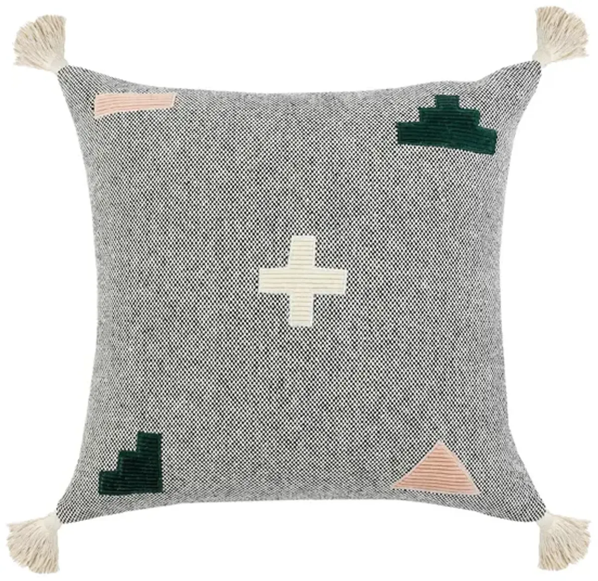 20" Gray and Black Geometric Patchwork Square Throw Pillow with Tassels