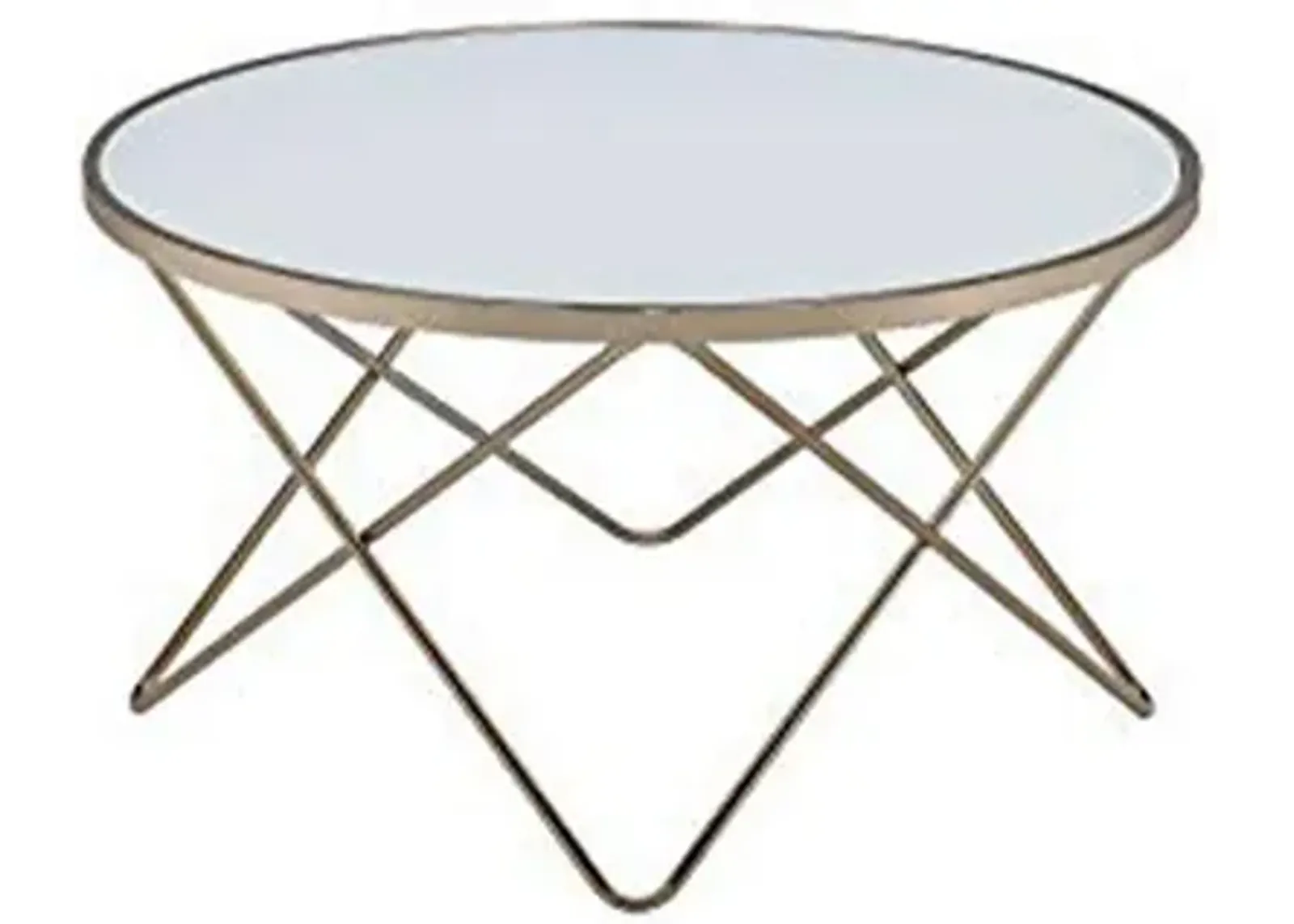 Contemporary Style Round Glass and Metal Coffee Table, White and Gold-Benzara