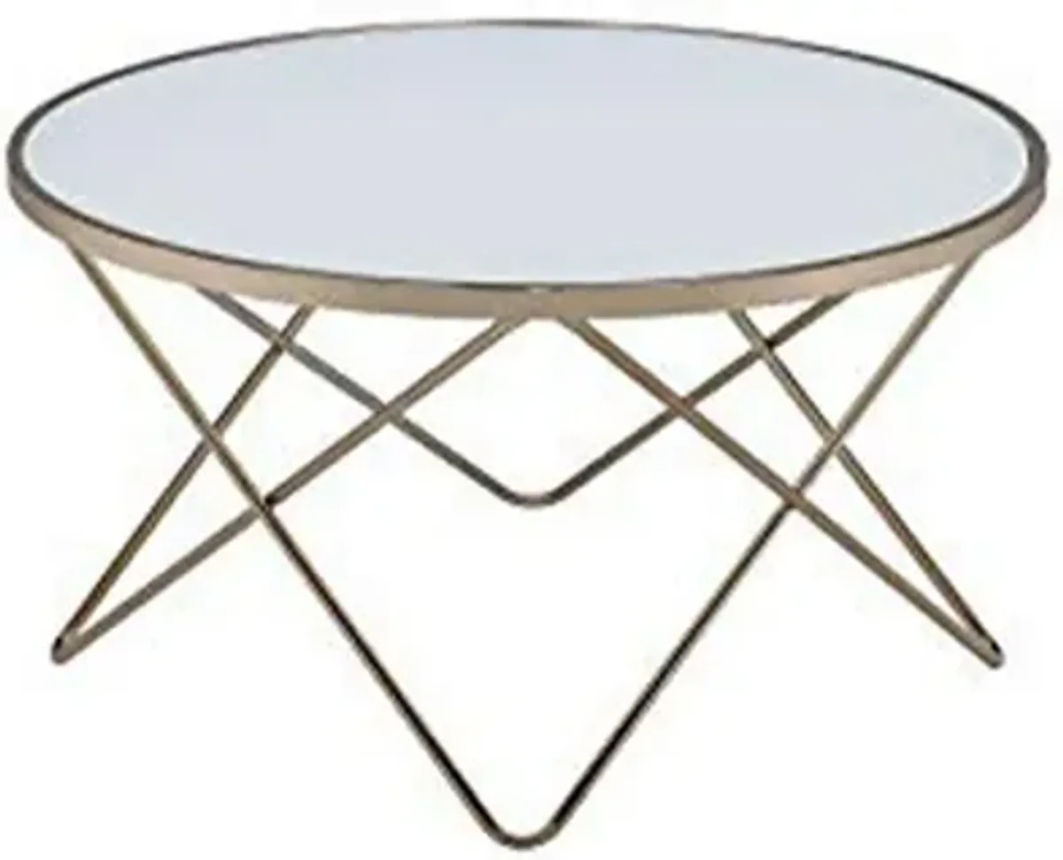 Contemporary Style Round Glass and Metal Coffee Table, White and Gold-Benzara