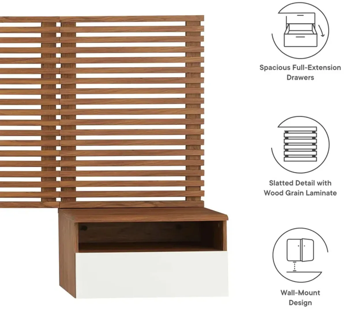 Modway - Render Wall Mount King Headboard and Modern Nightstands Walnut