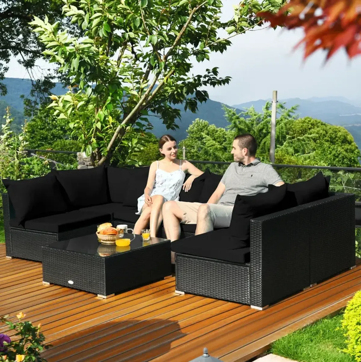 7 Pieces Sectional Wicker Furniture Sofa Set with Tempered Glass Top-Black