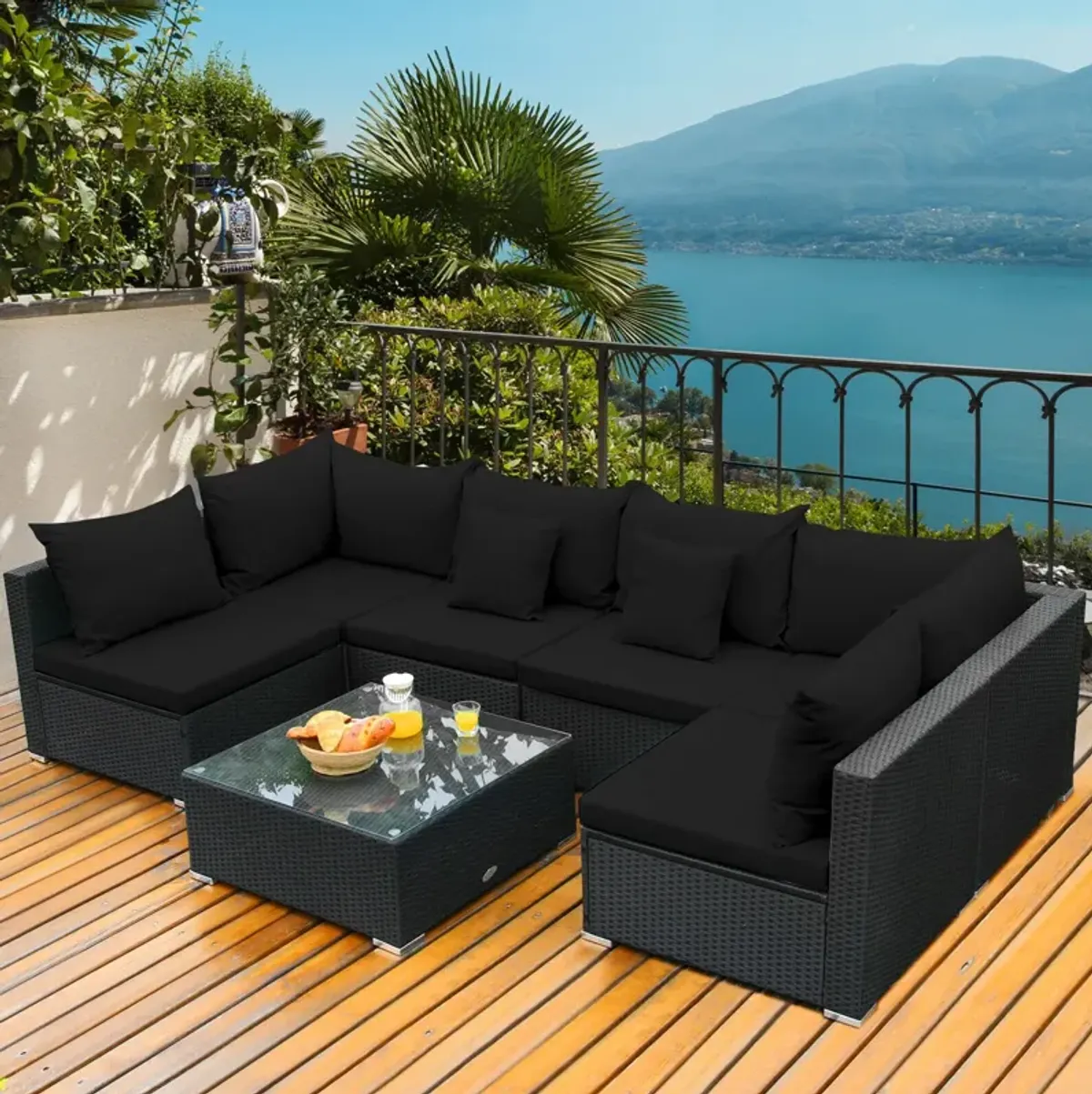 7 Pieces Sectional Wicker Furniture Sofa Set with Tempered Glass Top-Black